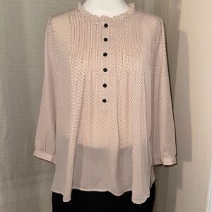 Eliane Rose L Blush Pink Black Polka Dot Ruffle Mock Neck Quarter Sleeve Blouse